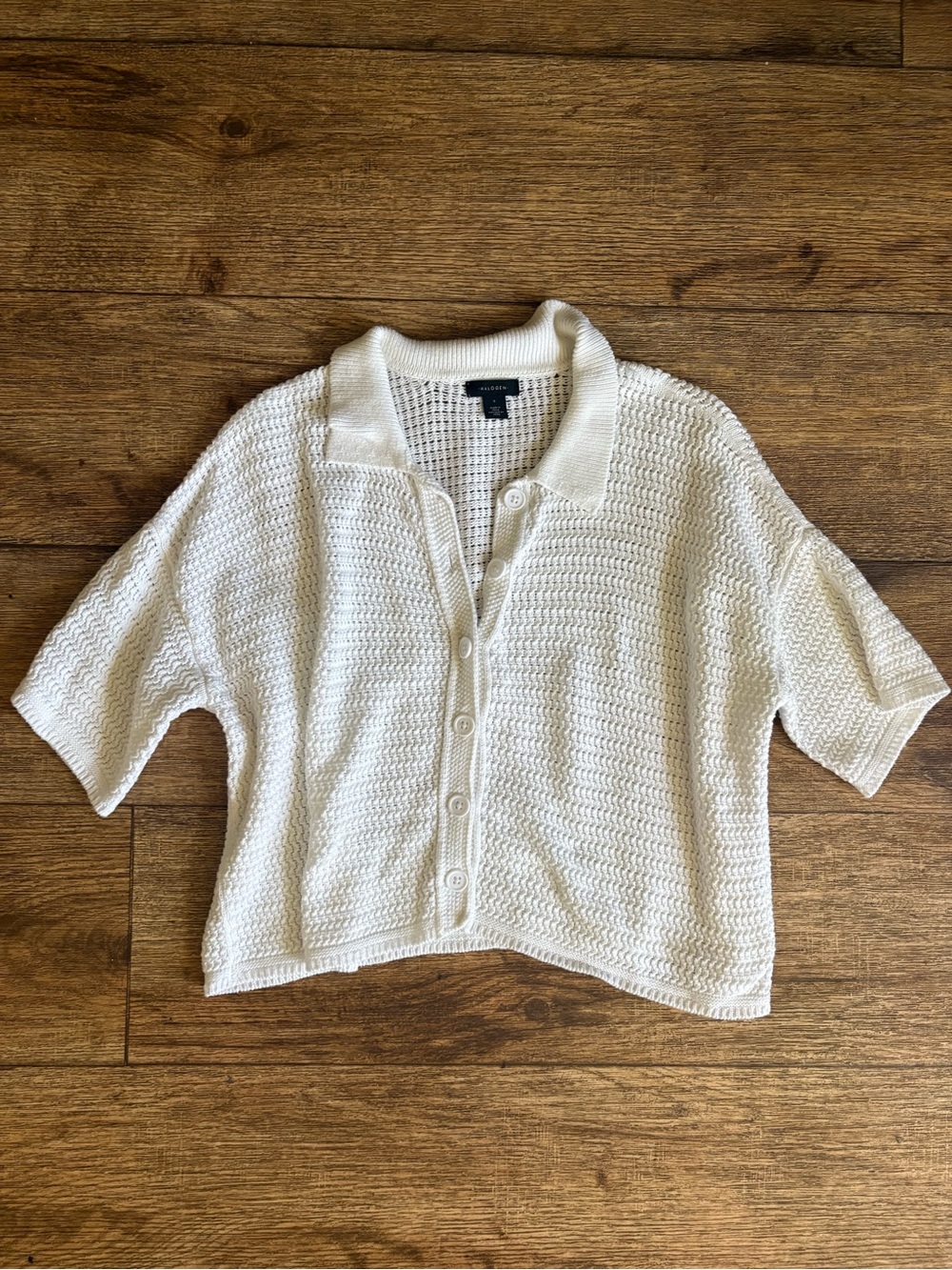 Crochet Knit Button-Up Polo Top in Cream